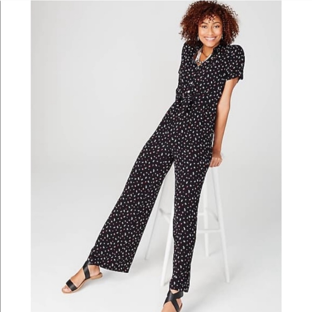 J. Jill‎ Black Floral Wide Leg Button Down Jumpsuit